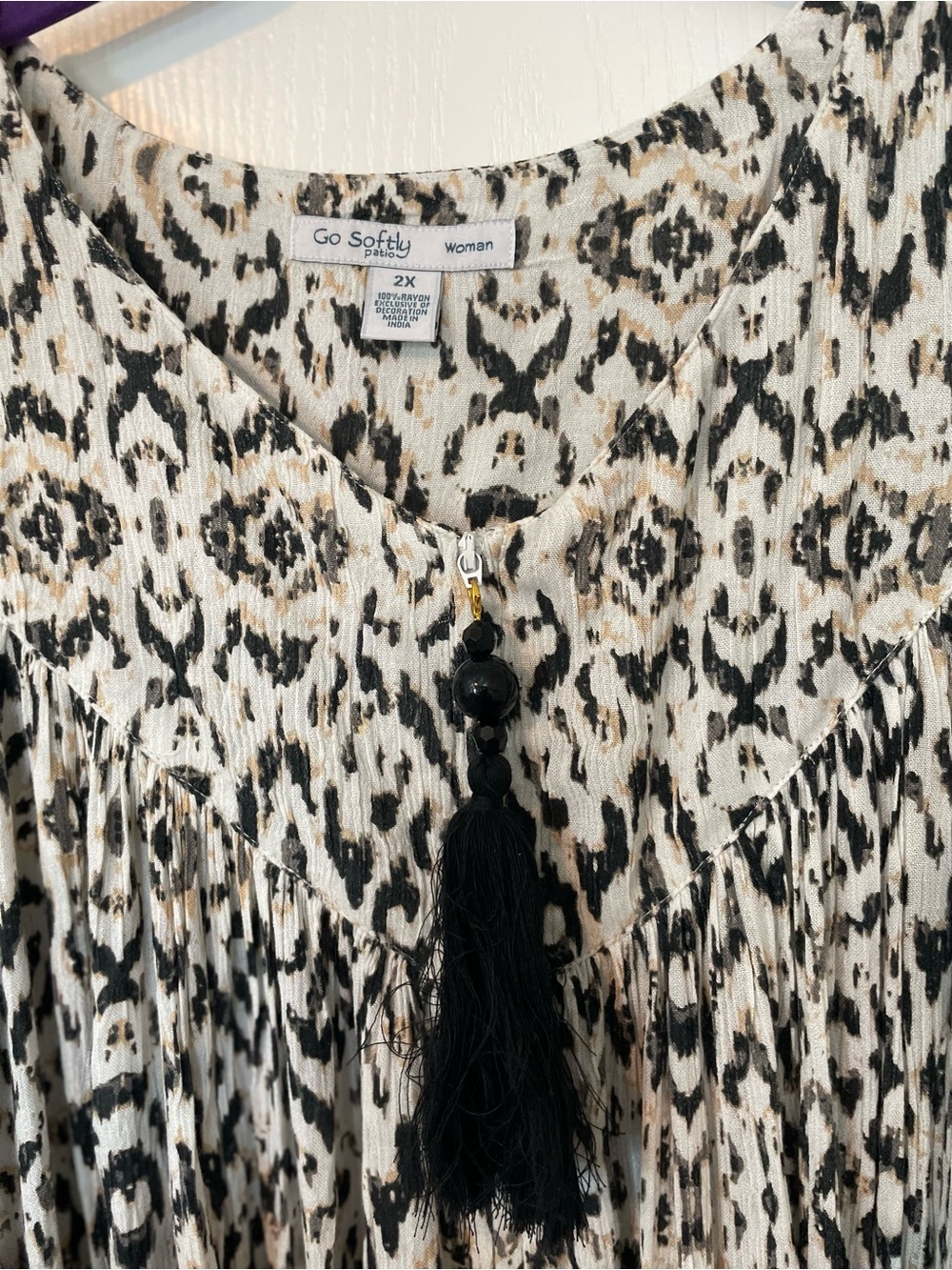 Ikat-Print Tassel Zippered Patio Dress in Black and Cream - Picture 2 of 11